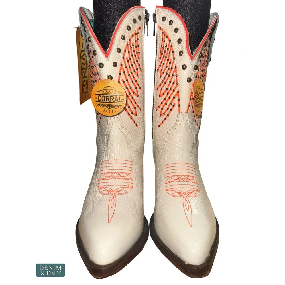 NEW Corral Fluorescent Studded White Pink Western Cowgirl Boots Round Toe Size 8